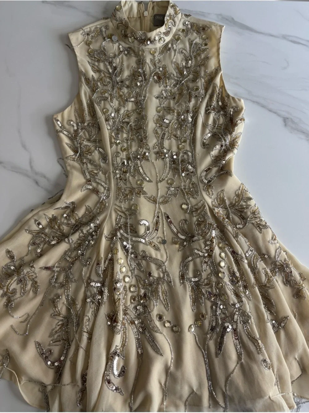 ASOS Cream Mini Dress with Gold Sequin Bead Embroidery Sz 4 - Picture 4 of 14